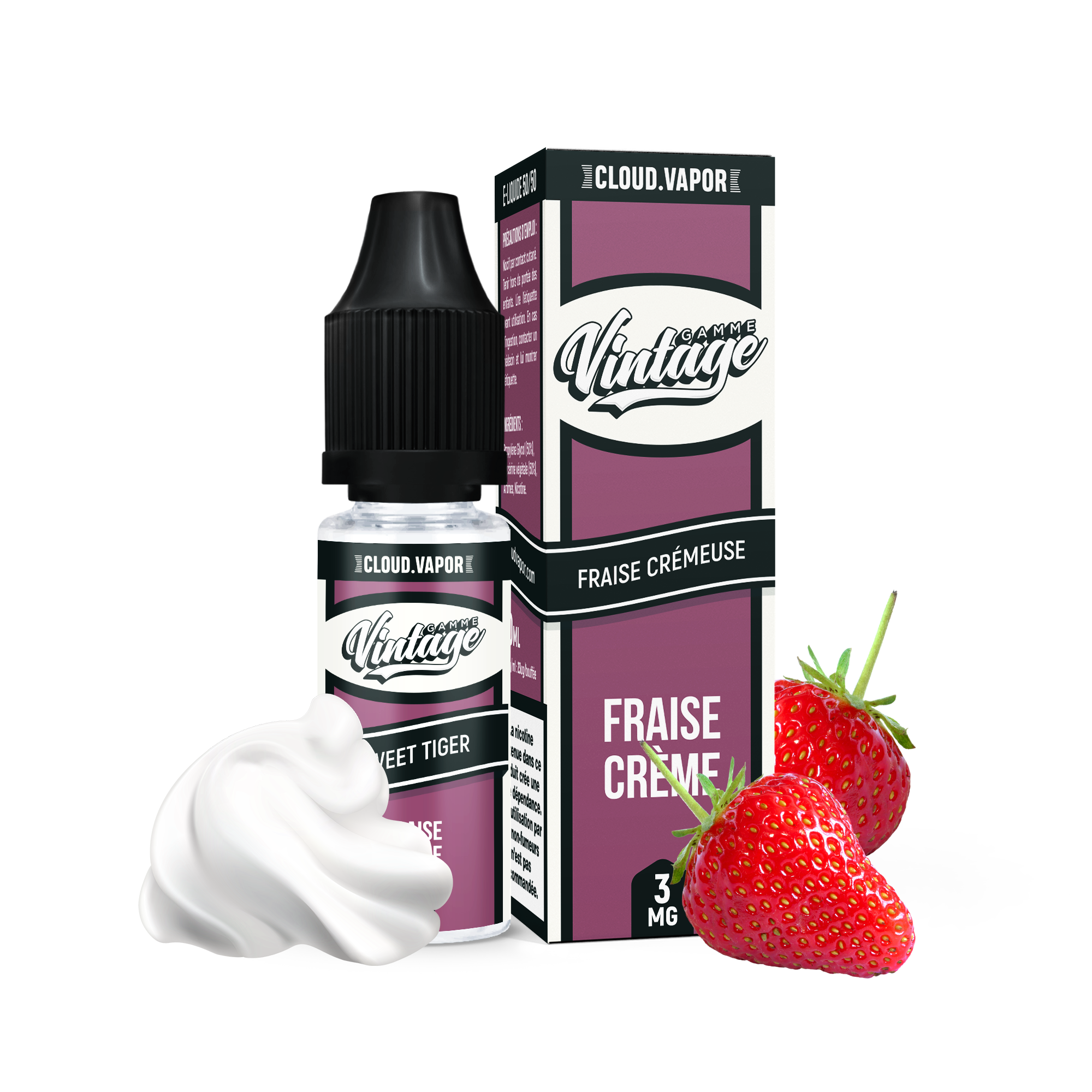 E-liquide SWEET TIGER de la Gamme Vintage en format 10ml nicotiné goût fraise et crème chantilly 
