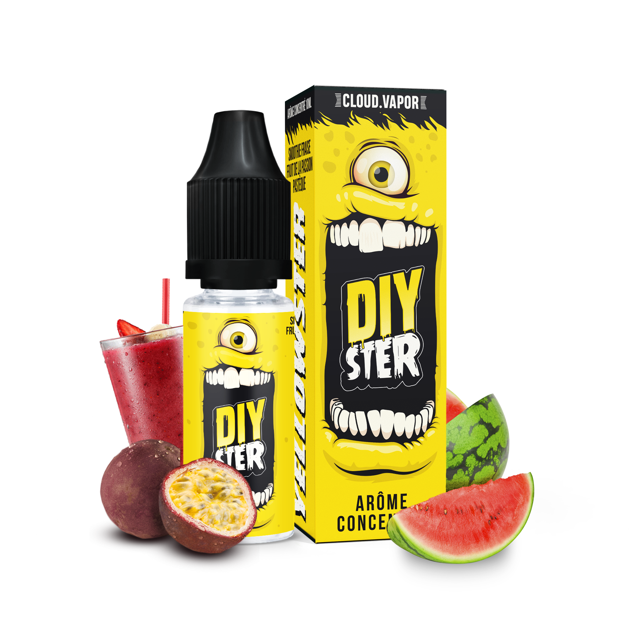 Arôme YELLOWSTER de la Gamme DIYSTER en format DIY 10ml goût smoothie fraise pastèque et fruit de la passion