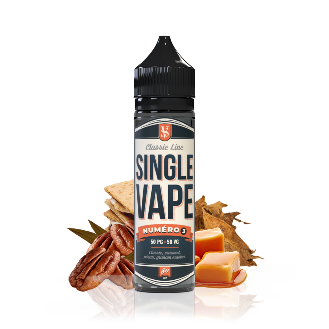 E-liquide NUMERO 3 de la Gamme Single Vape en format 50ml goût classic, caramel, noix de pécan et biscuit graham cracker