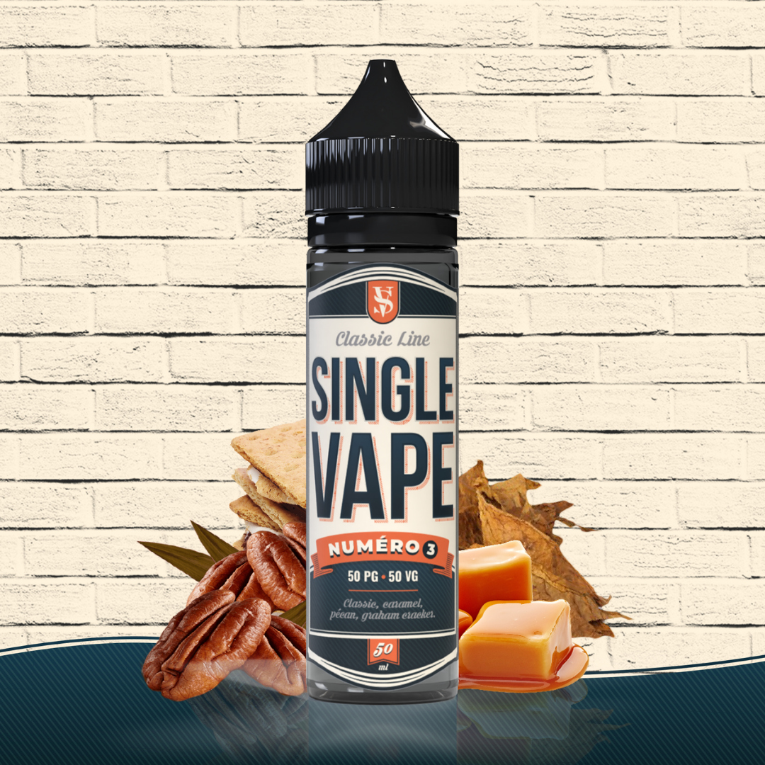 E-liquide NUMERO 3 de la Gamme Single Vape en format 50ml goût classic, caramel, noix de pécan et biscuit graham cracker