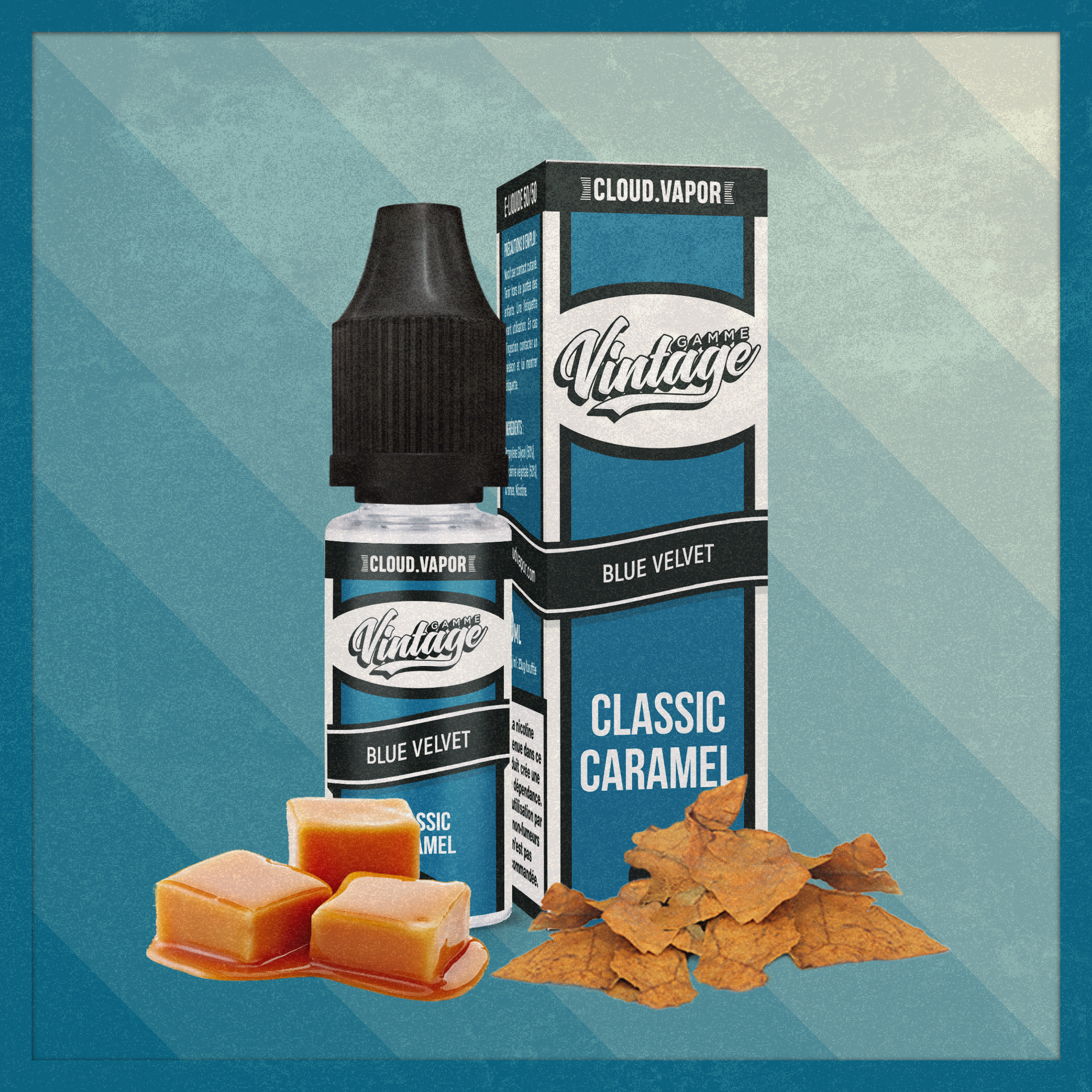 E-liquide BLUE VELVET de la Gamme Vintage en format 10ml nicotiné goût tabac caramel