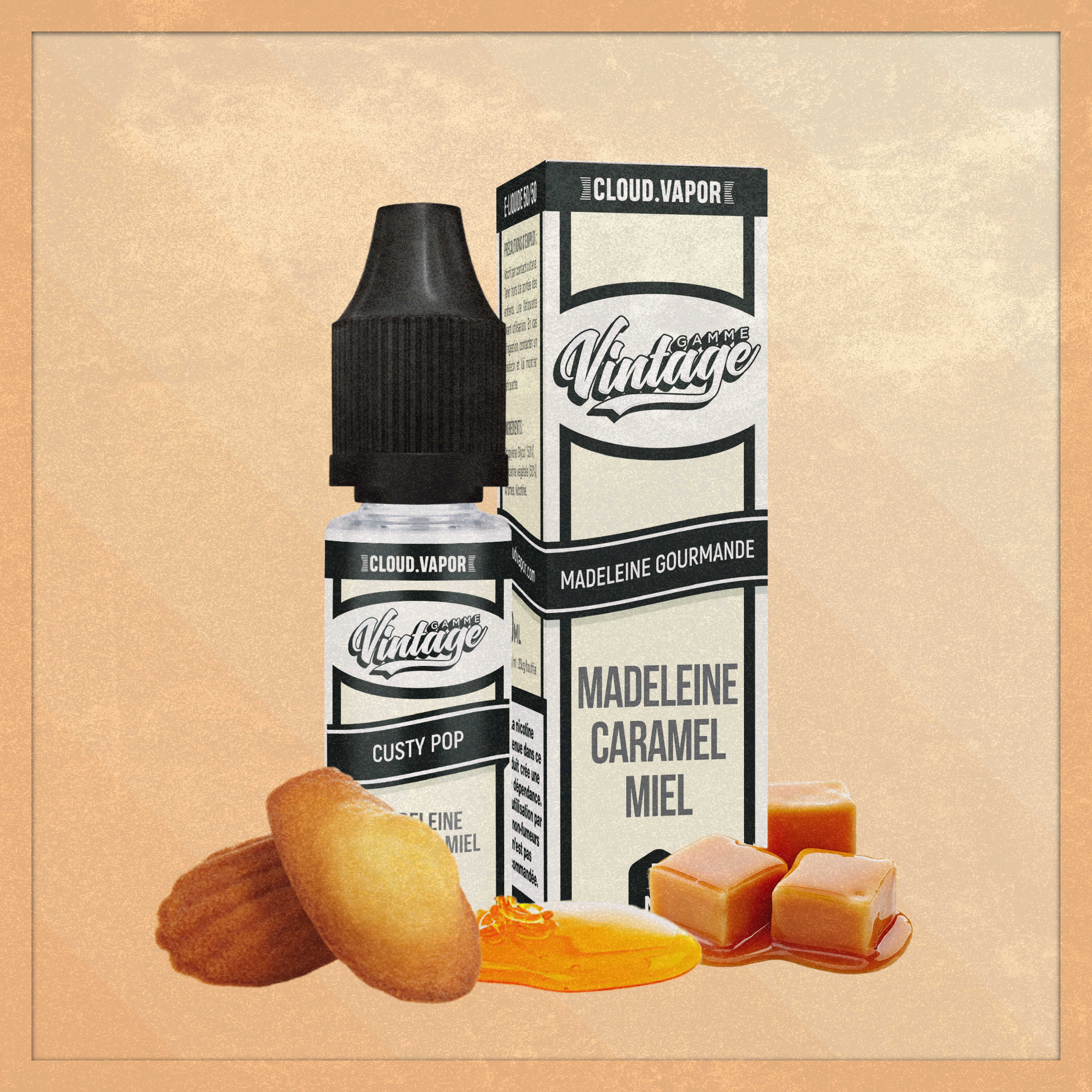 E-liquide CUSTY POP de la Gamme Vintage en format 10ml nicotiné goût madeleine, miel et caramel