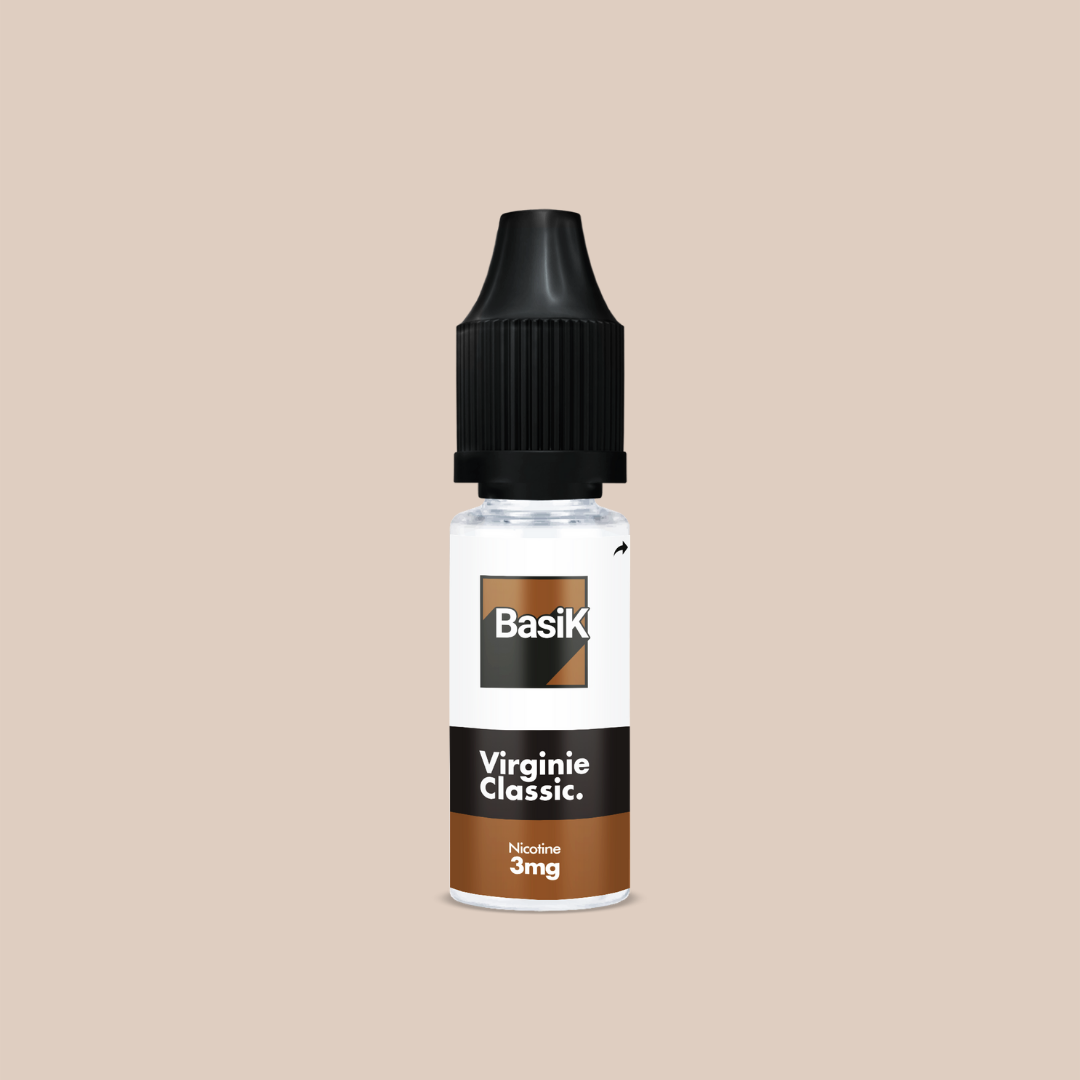 E-liquide VIRGINIE CLASSIC de la Gamme Basik en format 10ml nicotiné goût classic blond et équilibré en sels de nicotine