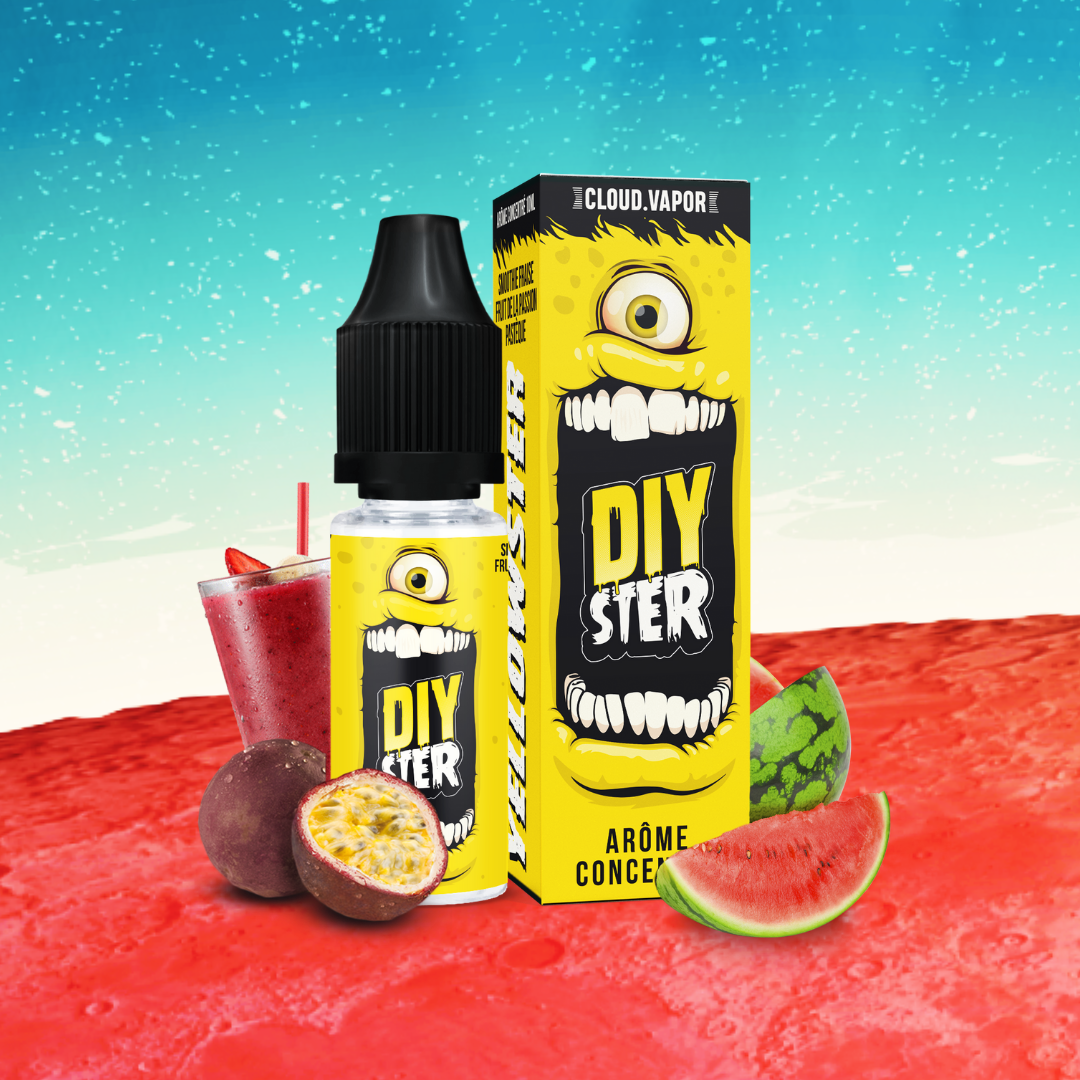 Arôme YELLOWSTER de la Gamme DIYSTER en format DIY 10ml goût smoothie fraise pastèque et fruit de la passion