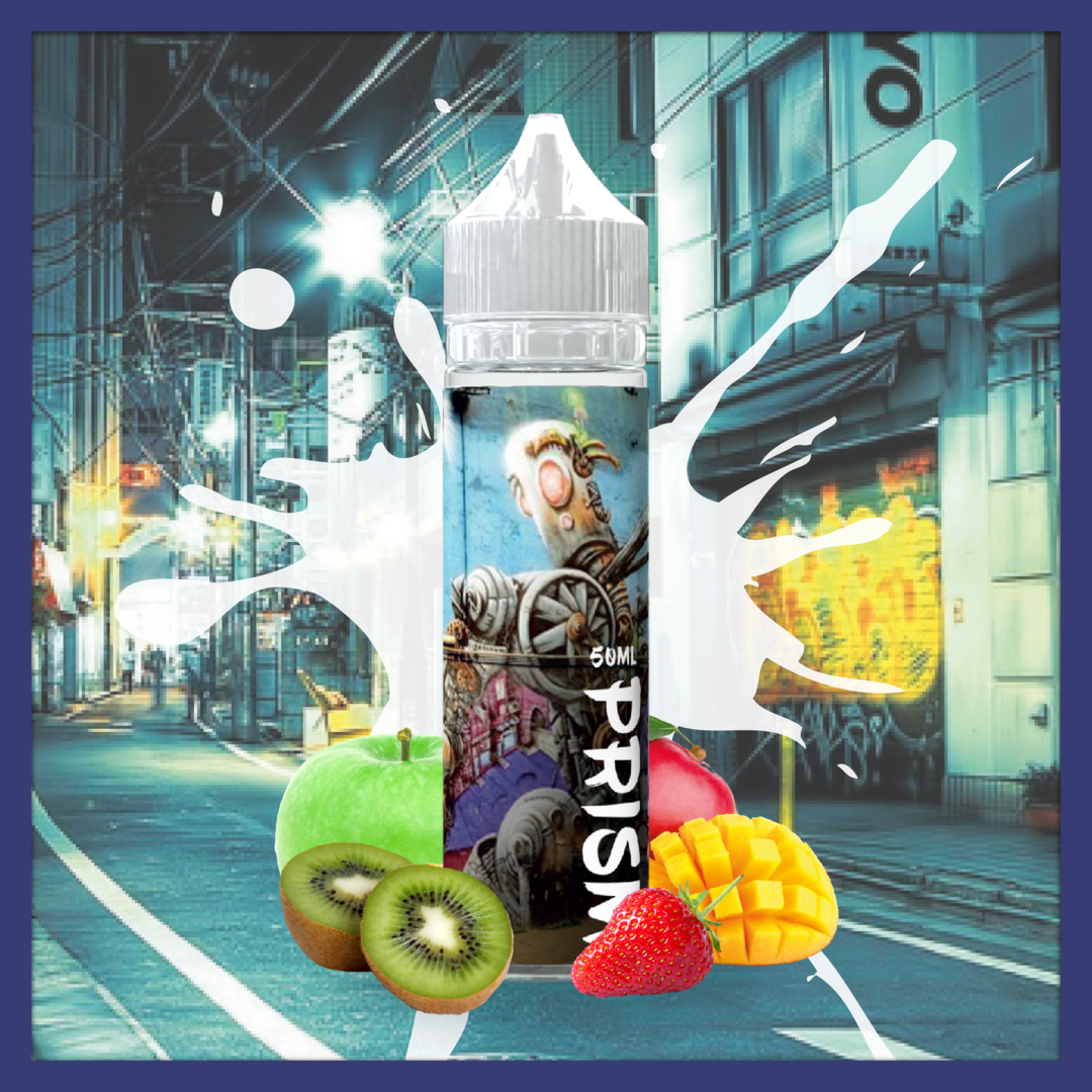 E-liquide PRISM de la Gamme Street Art en format 50ml goût pomme verte, fraise, kiwi et mangue.